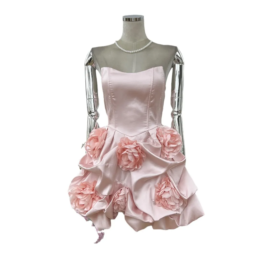 Brownm Fashion Age Reduction Breast-Wearing Noodle Bubble Dress Famous Gold Three-Dimensional Flower Party Dress