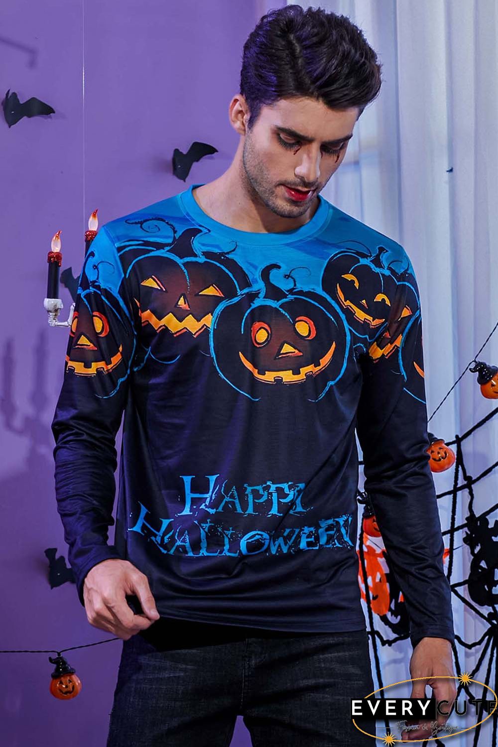 Men's 3D Halloween Pumpkin Print Knit Long Sleeve T-Shirt