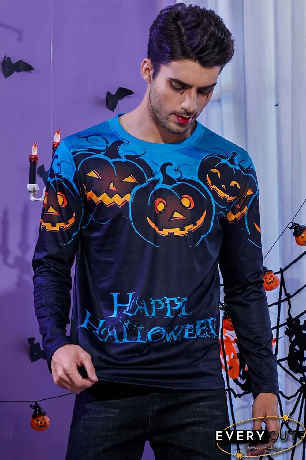 Men's 3D Halloween Pumpkin Print Knit Long Sleeve T-Shirt