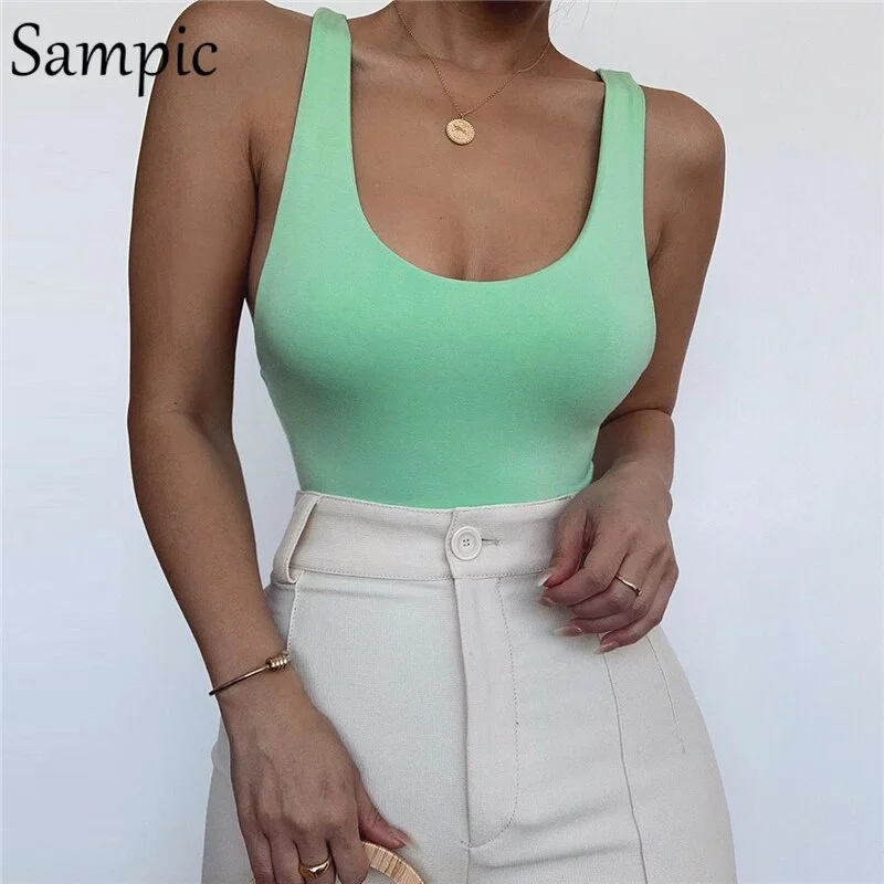 Sampic Summer Casual Fashion White Women O Neck Bodysuit 2020 Sexy Club Sleeveless Body Tops Backless Basic Ladies Bodysuits