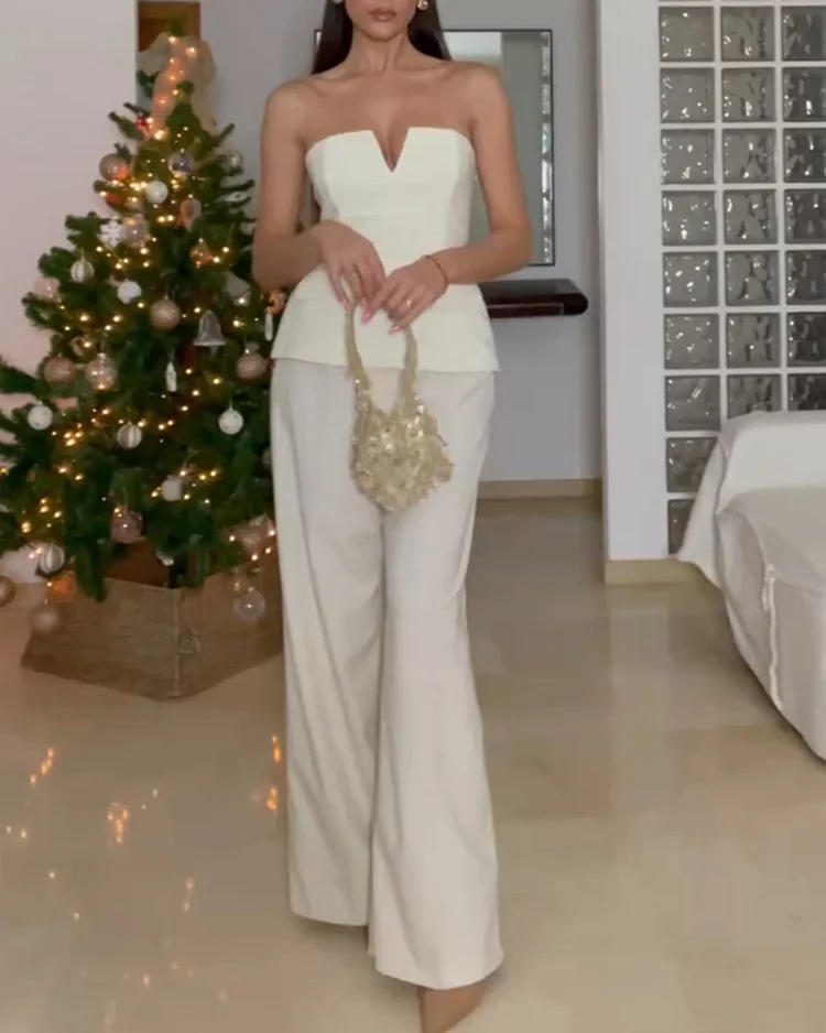 Women's solid color tube top trousers suit
