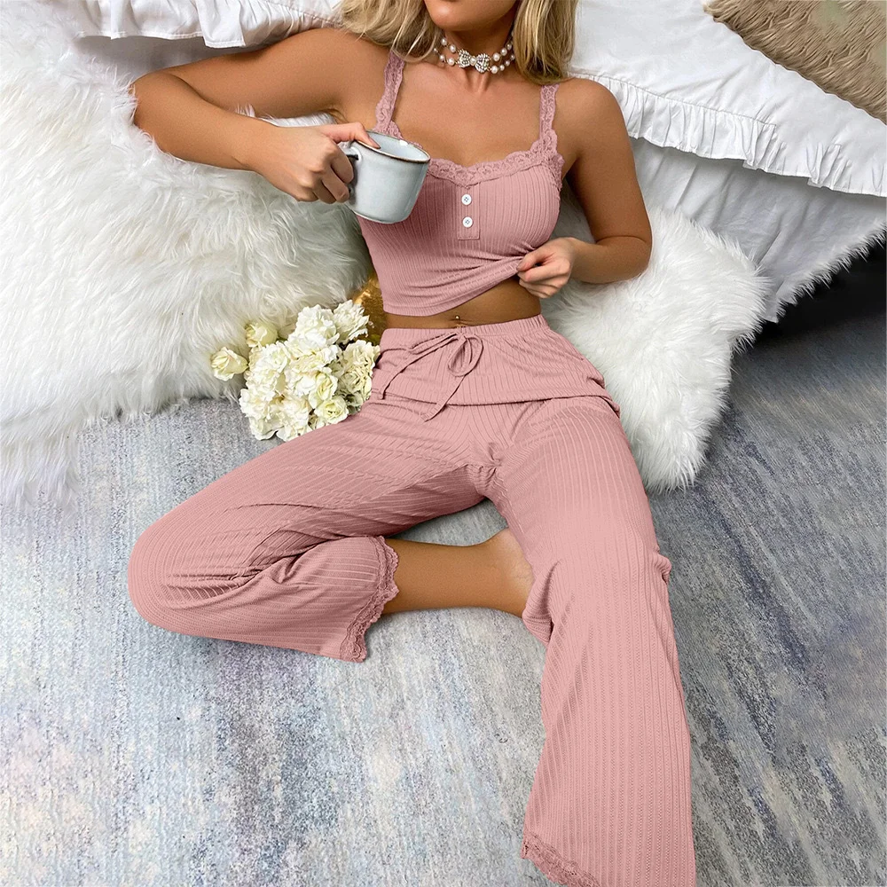 Uveng Uveng Pajamas Female Summer Lace Lace Sling Trousers Sexy Babes Lady Home Clothes Two-Piece Set