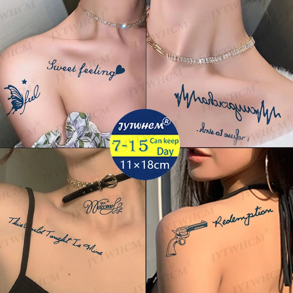 Small Print Stickers Temporary Tattoo Waterproof English Word Sexy Tattoo Body Art Henna Fake Tattoos Blue Letters Feather Tatto