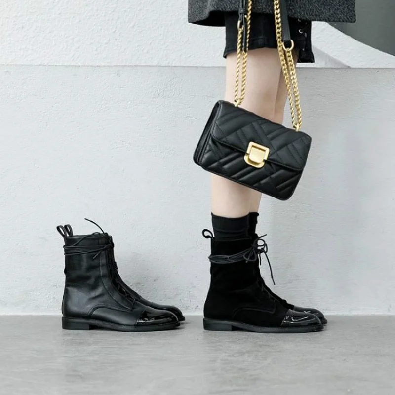 South Korea 100 British comfortable tie leather tip low heel Martin boot woman flat bottom short boot