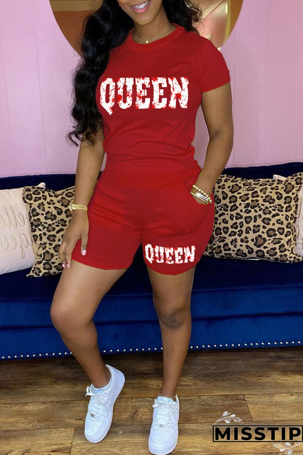 Black Casual Letter Print Basic O Neck Short Sleeve Two Pieces