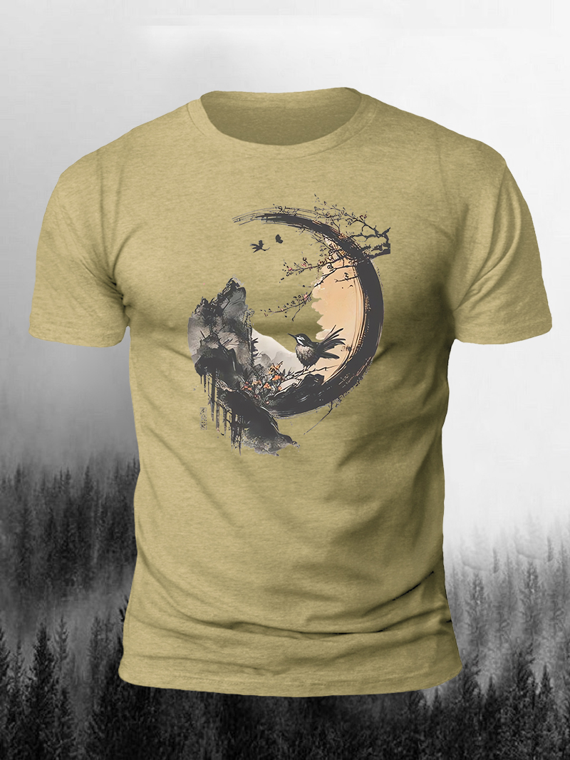Ink Bird Standing on the Branch Print Short Sleeve T-Shirt