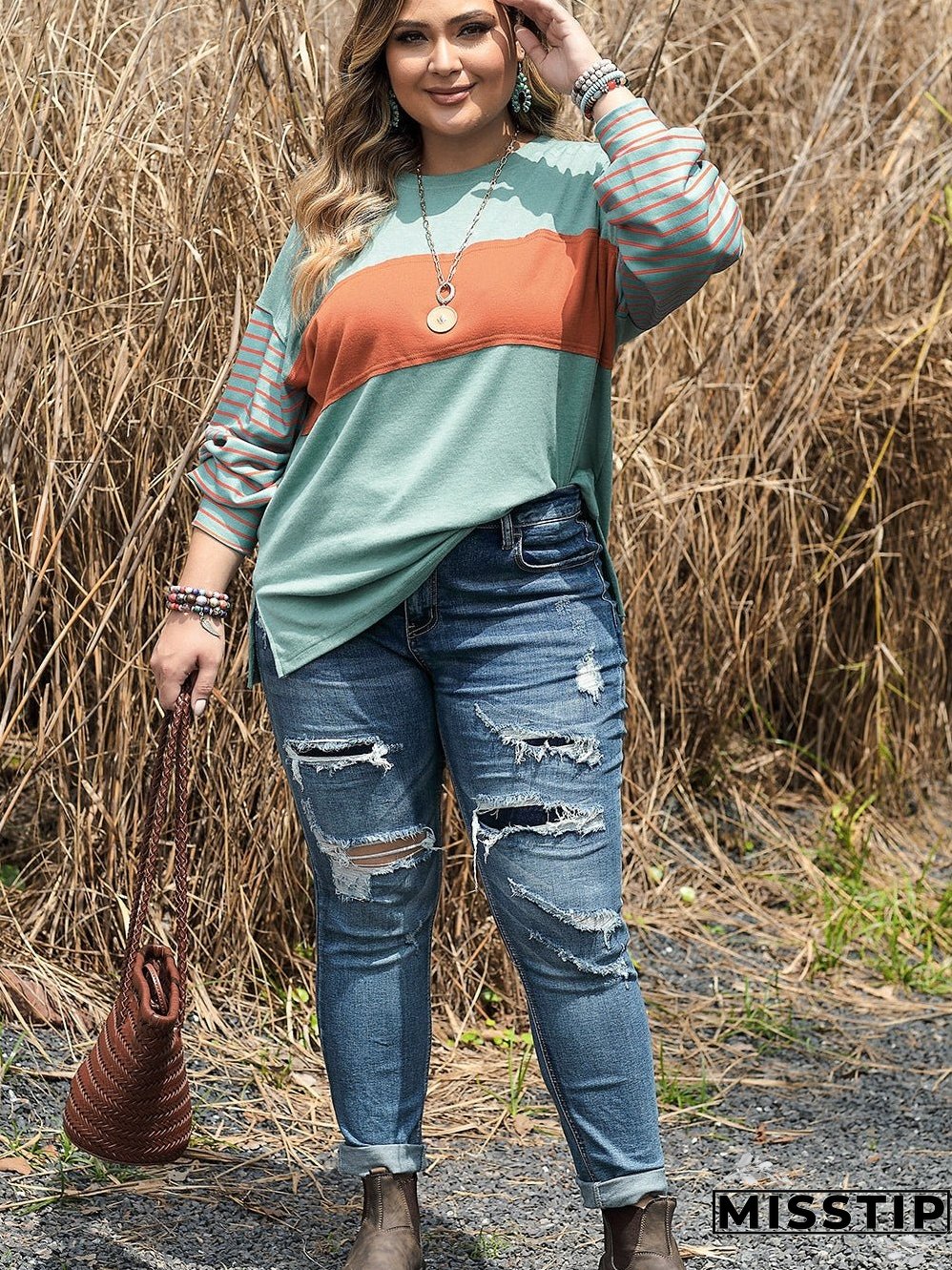 Green Plus Size Striped Long Sleeve Colorblock Tee with Slits