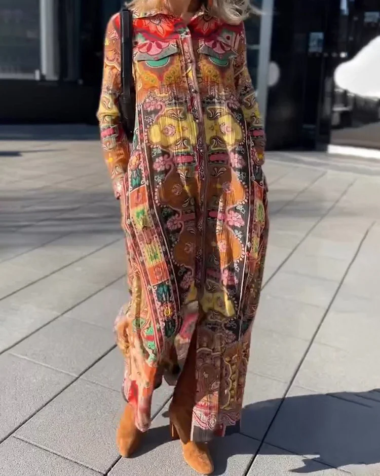 Long Sleeve Printed Double Pocket Shirt Dress