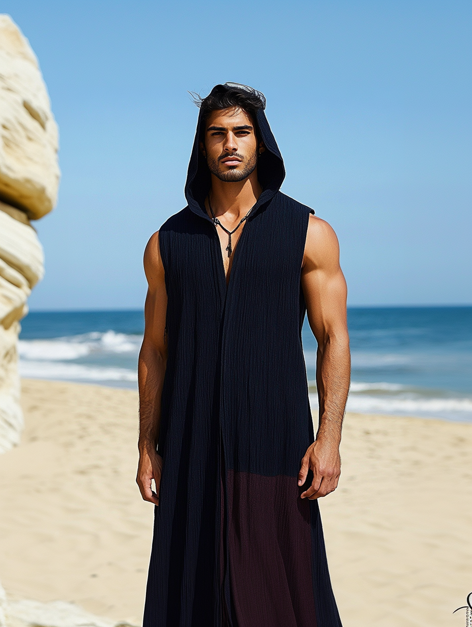 Men's Hooded Sleeveless Linen Kaftan