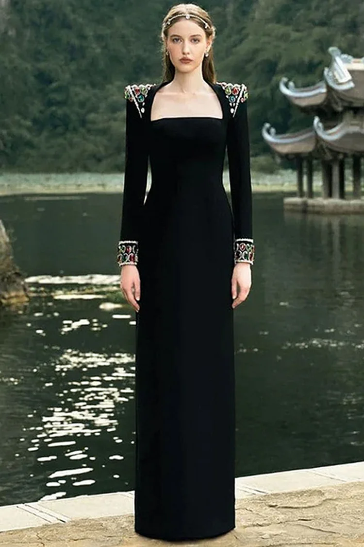 Colorful Gemstone Embellished Square Neck Maxi Dress-Black