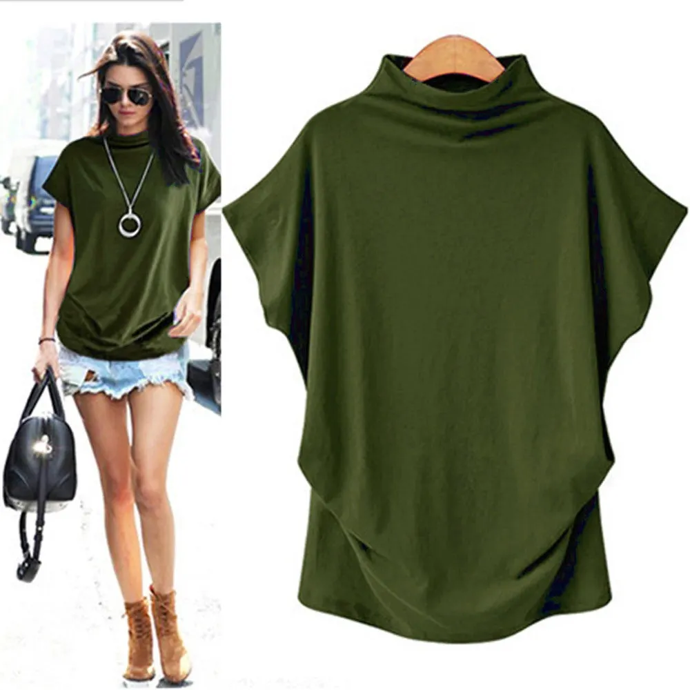 Brownm Commute Large Size Women's Half Turtleneck Batwing Sleeve Solid Color Polyester Top