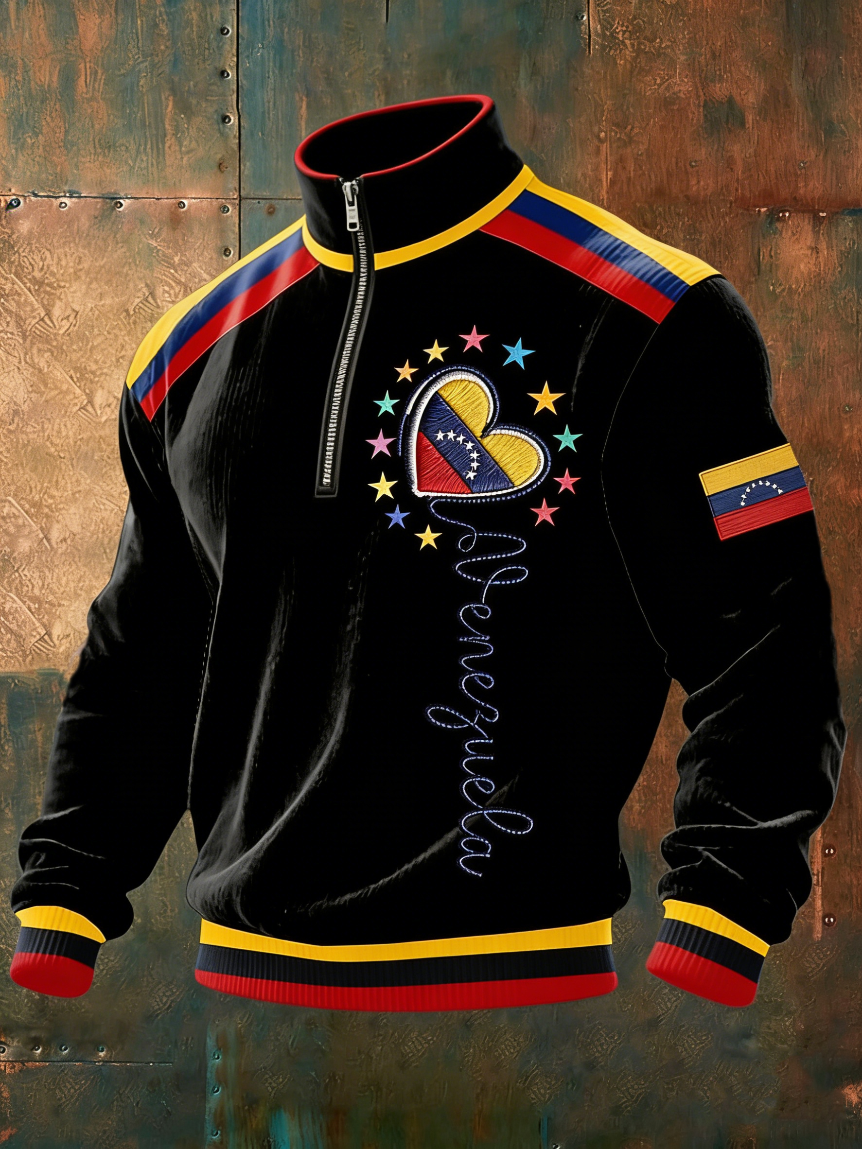 Men's Retro Free Venezuela Print Casual Zipper Sweatshirt artswardrobe