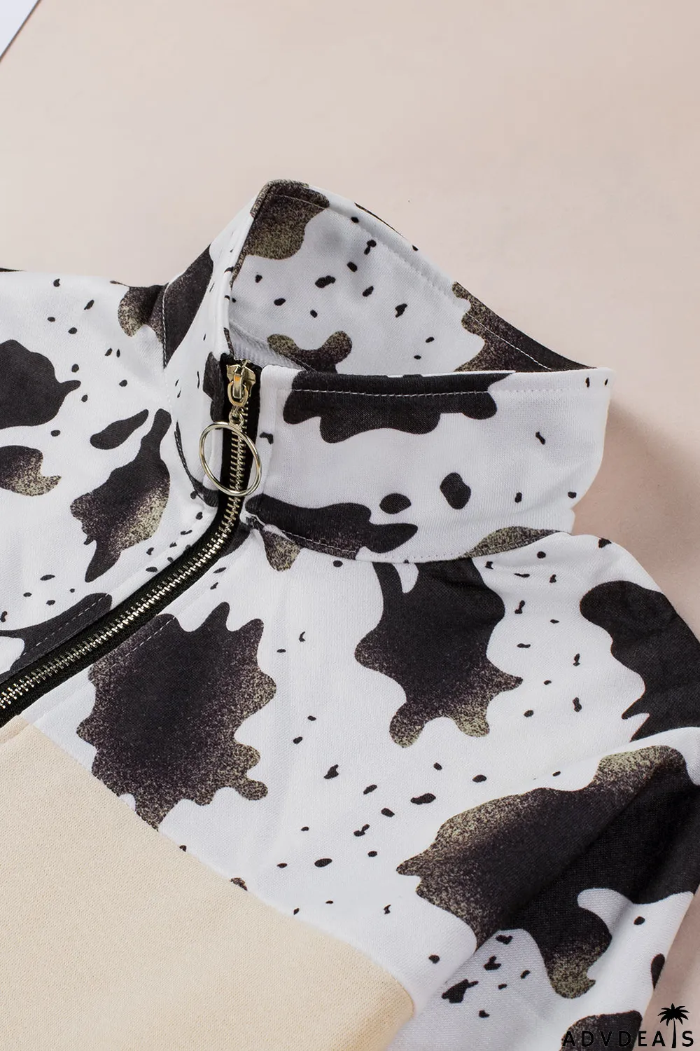 Cow Print Color Block Zip-Up Pullover Sweatshirt