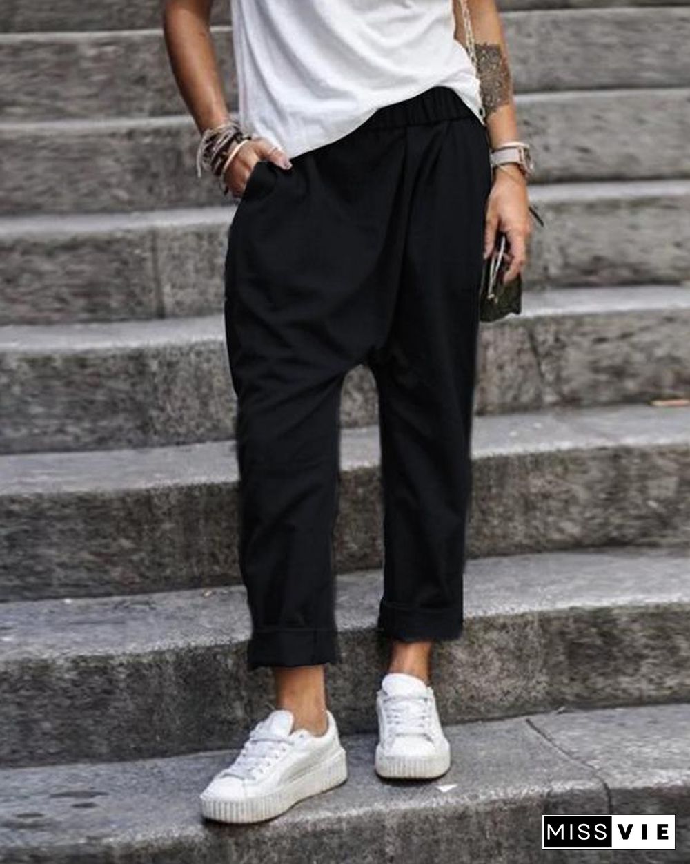 Solid Color Casual Pocket Elastic Waist Harem Pants