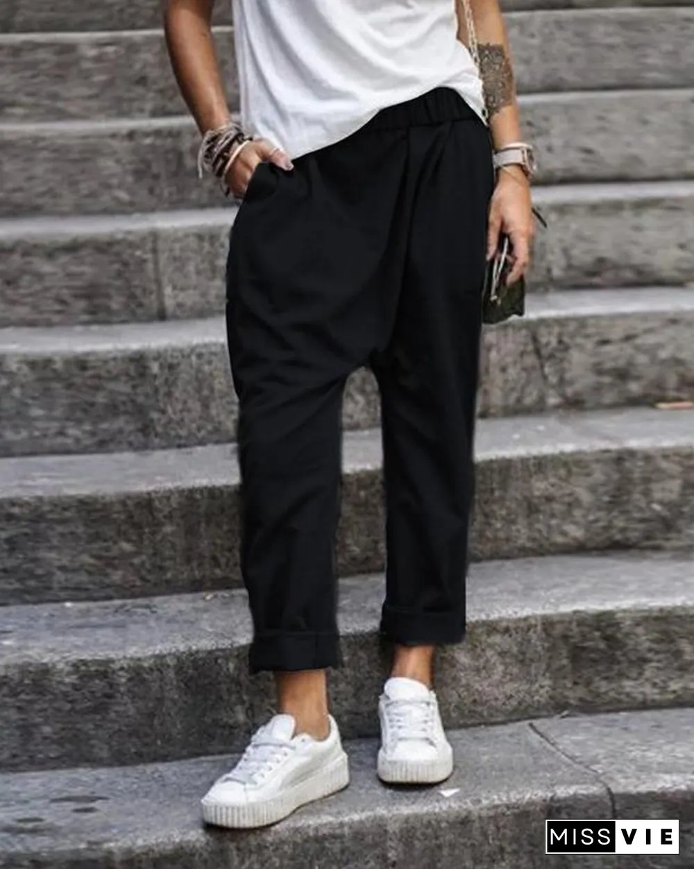 Solid Color Casual Pocket Elastic Waist Harem Pants