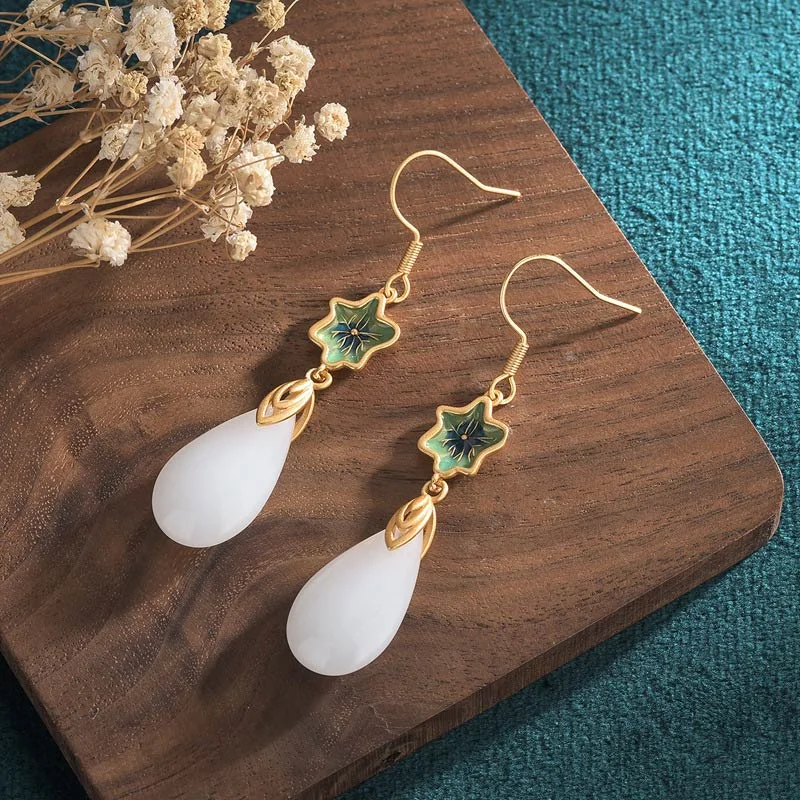 FengShui White Jade Luck Drop Earrings