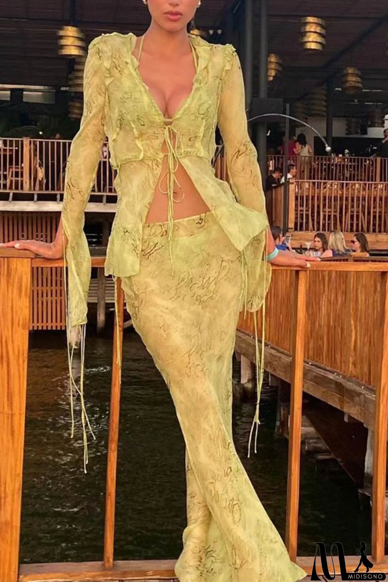 MidiSono - Mesh Printed Strappy Cardigan Skirt Suits