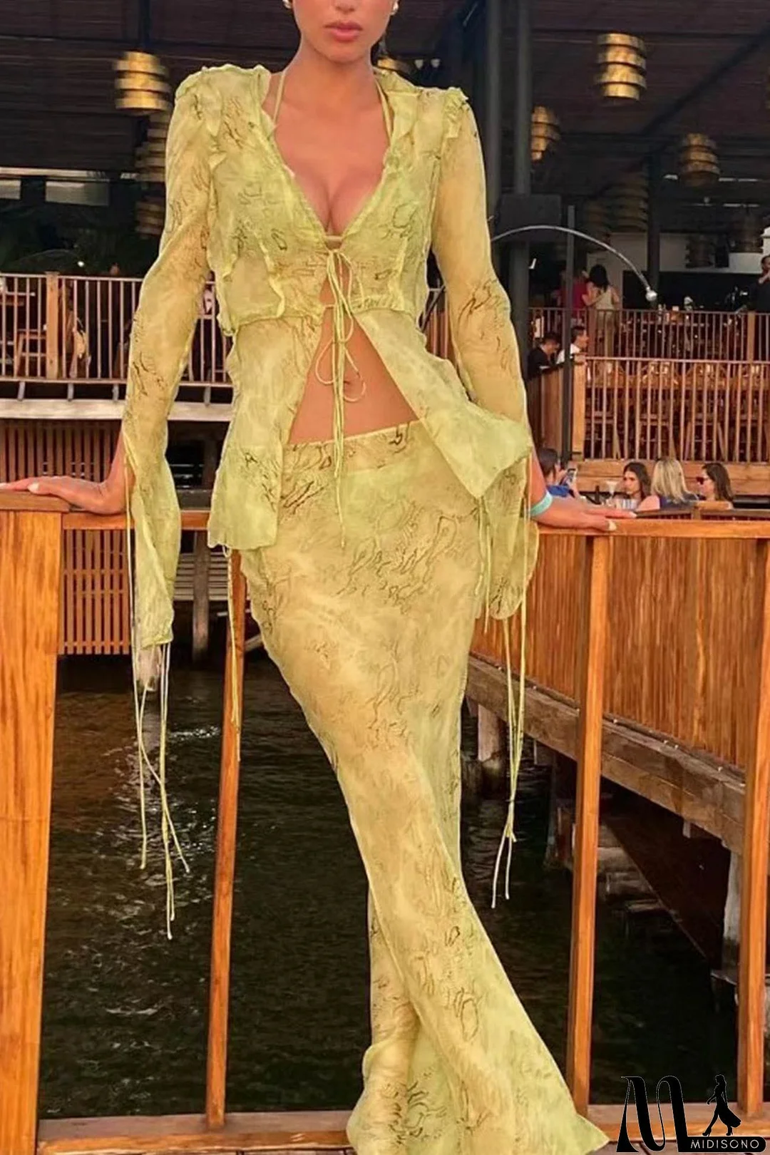 MidiSono - Mesh Printed Strappy Cardigan Skirt Suits