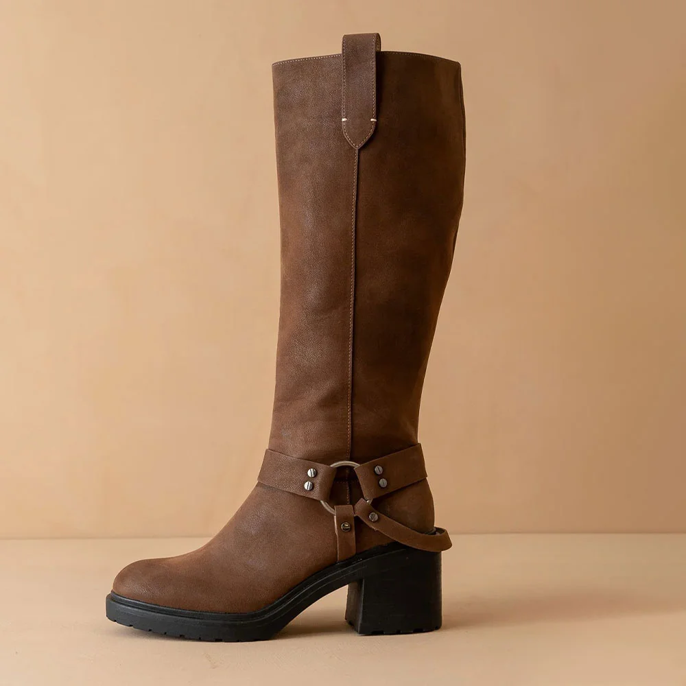 Chic Brown Round Toe Buckle Studded Pull On Tall Boots for Women