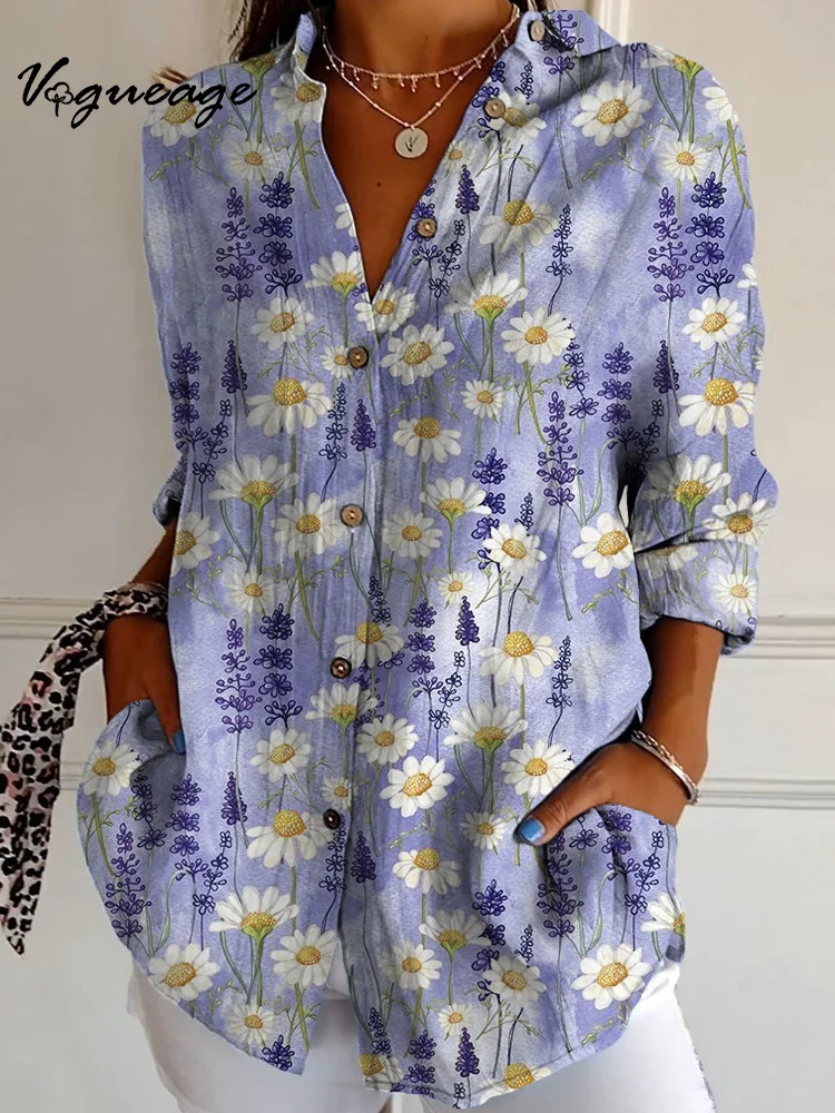 Gentle And Casual Purple Small Floral Daisy Long Sleeves Printed Cotton And Linen Shirt