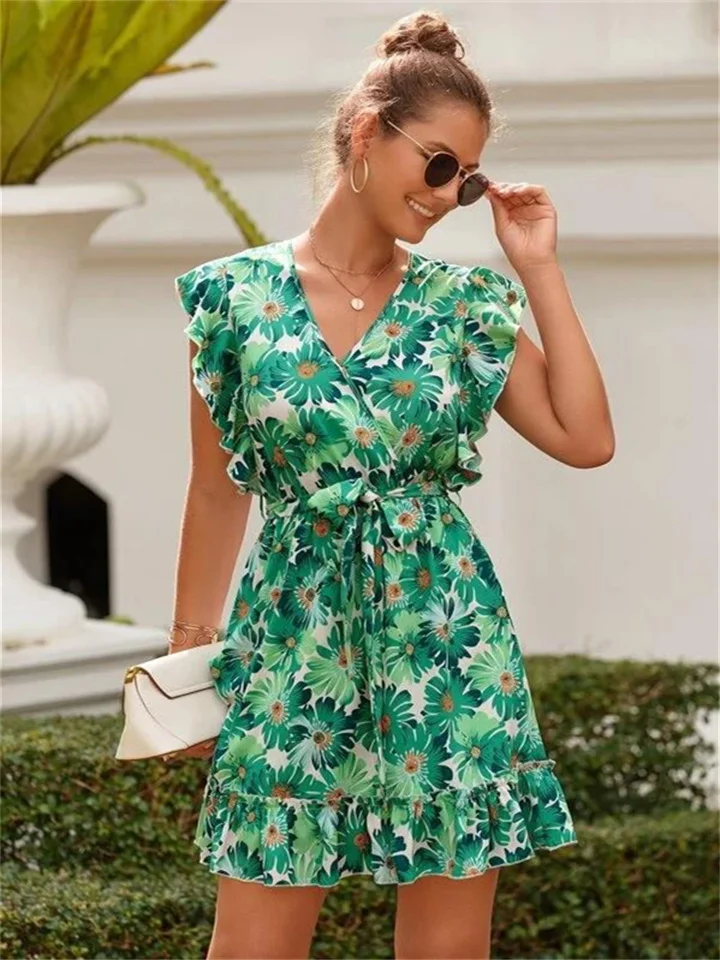 Spring Summer New Print V-Neck Lace Up Ruffle Dress Women