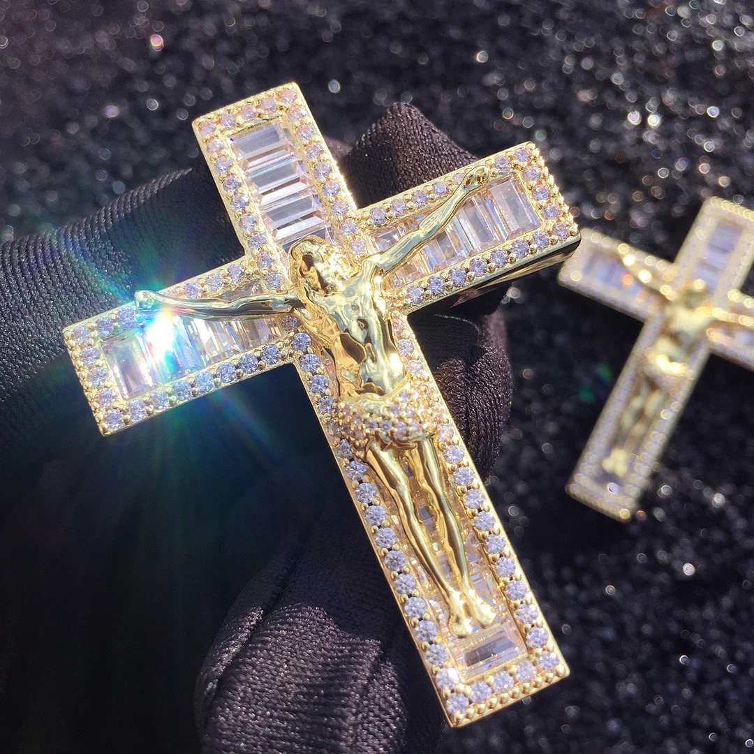 Jesus Gold Cross CZ Iced Out Diamond Pendant Necklace-VESSFUL