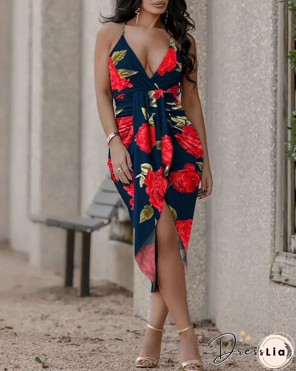 Floral Print Crisscross Backless Ruched Asymmetrical Dress