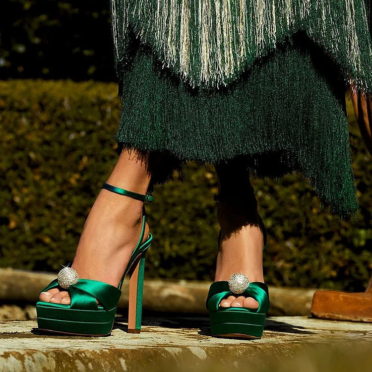 Green Peep Toe Satin Heel Elegant Rhinestone Shoes Platform Sandals |FSJ Shoes
