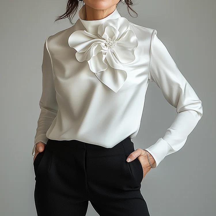 Ursime Satin High Neck Ruffled Floral Long Sleeve Blouse