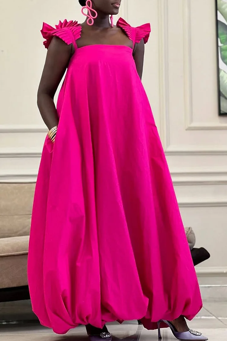 Plus Size Vacation Hot Pink Square Neck Sundress Pocket Maxi Dresses [Pre-Order] 2024 - Xpluswear