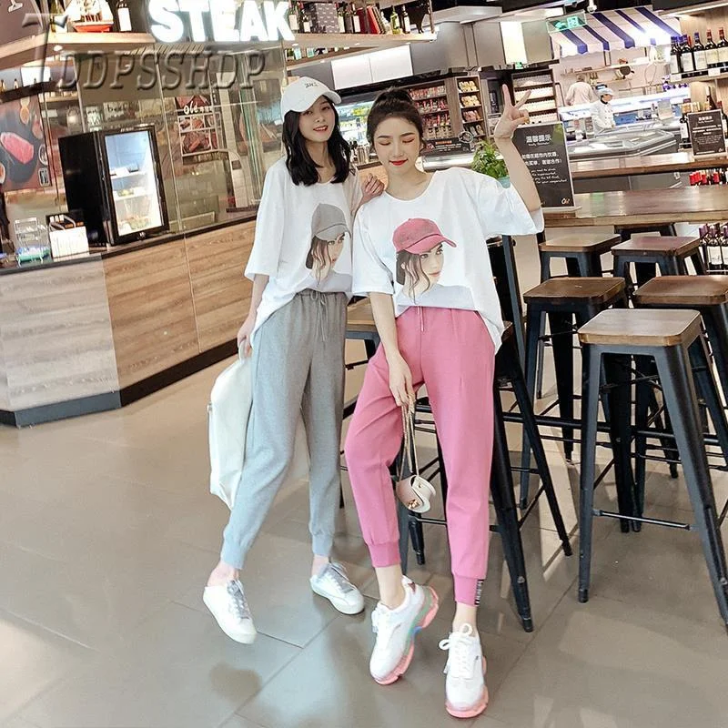 2019 Casual Lady Print T Shirt And Solid Color Pants Women Sets Korean Female Sets