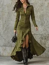 Retro Brown Irregular Ruffle Lapel Long Dress