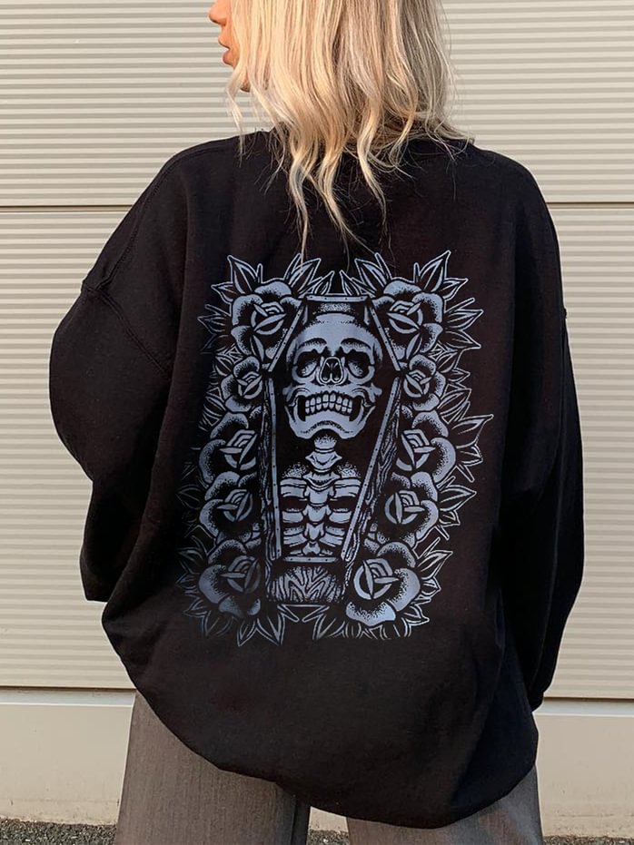 Rose Skull Coffin Printed Women's Sweatshirt - Minnieskull