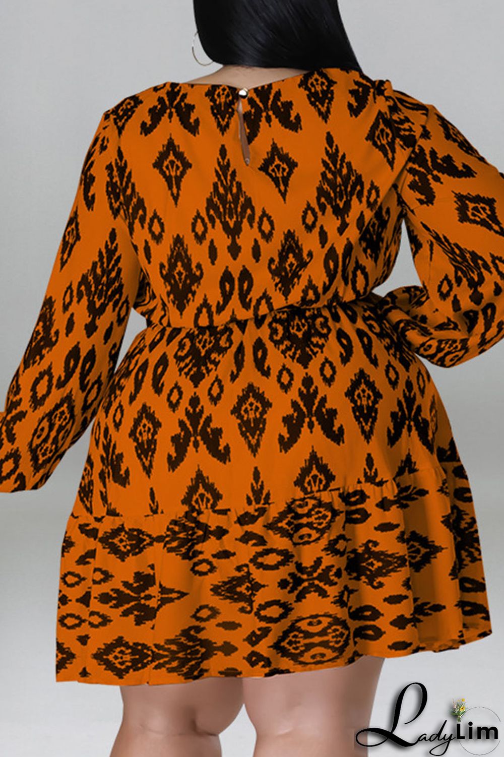 Light Apricot Casual Print Bandage Patchwork O Neck Straight Plus Size Dresses