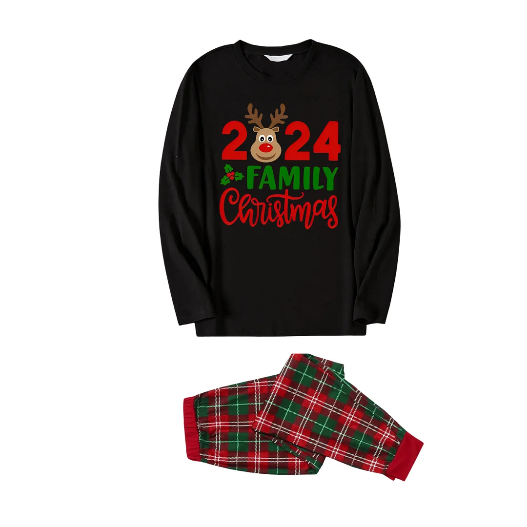 "Family Christmas 2024" Text and Deer Printed Red and Green Plaid Family Matching Pajamas