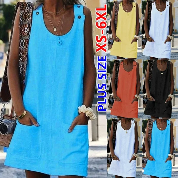 Xs-6Xl New Women's Fashion Summer O-Neck Sleeveless Tank Dress Casual Solid Color Pockets Strap Dress Cotton Linen Off Shoulder Beach Skirt Plus Size Loose A-Line Dresses Ladies Fashion Mini Dress Sundress