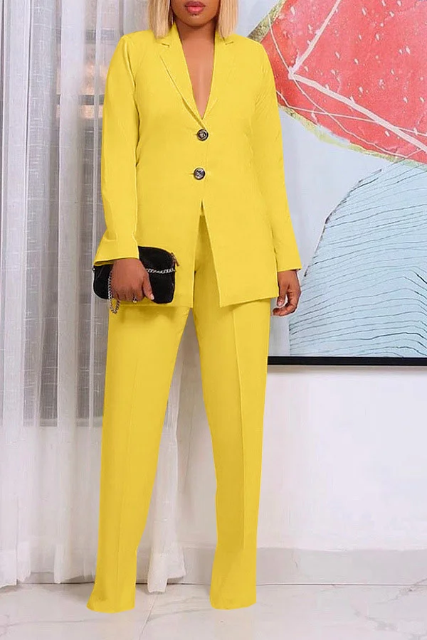 Solid Color Notched Lapel Feminine OL Pant Suit