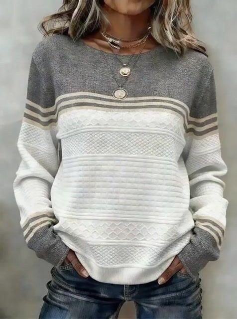 Women'S Casual Color-Block Crew Neck Sweater 