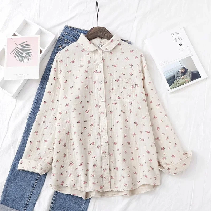 Autumn New Women Cotton Turn Down Collar White Shirt Long Sleeve Pockets Dot Blouse Button Up Loose Spring Casual Tops T09406F