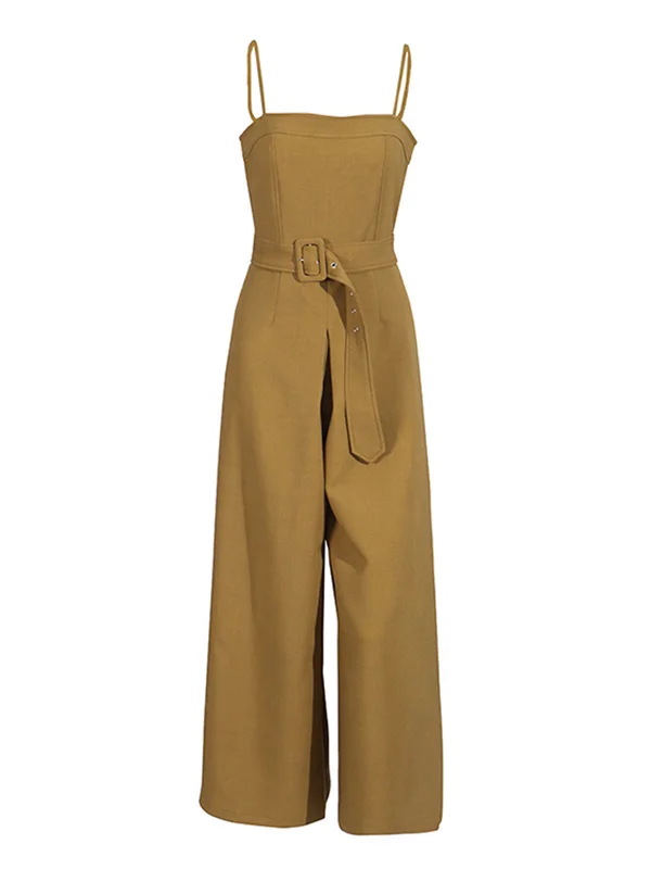 Belted Solid Color High Waisted Sleeveless Spaghetti-Neck Jumpsuits