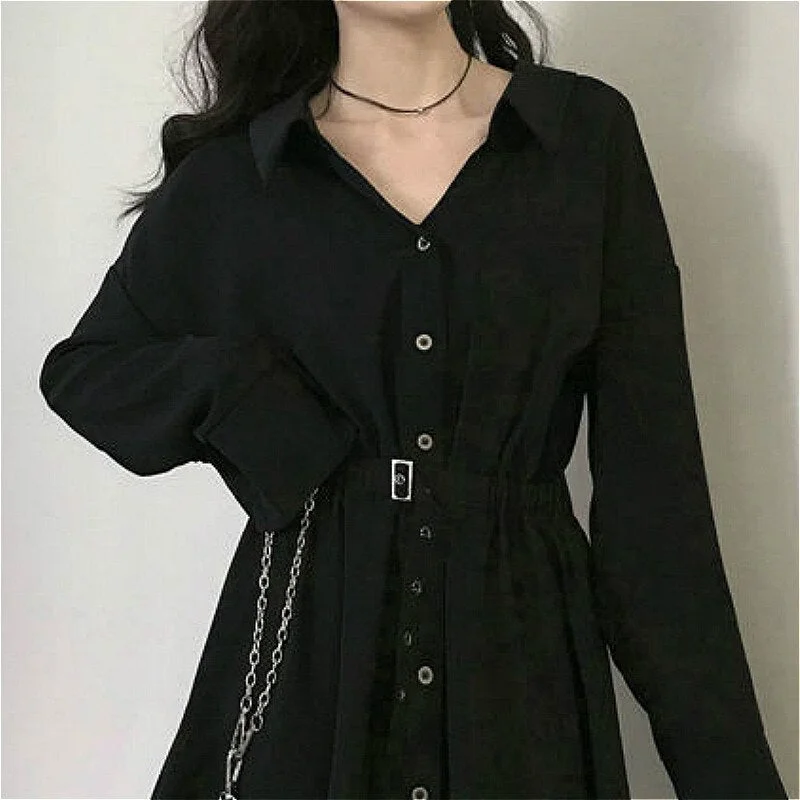 Mini Dress Women Long Sleeve Turn-down Collar Button Chic Dresses Ladies Spring Autumn Collect High Waist Elegant Party Vestido