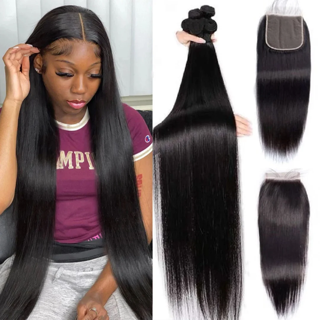 12A 4PCS + 5X5 HD Lace Closure Straight Bundles With Closure 100% Human Hair Extension With Lace Closure