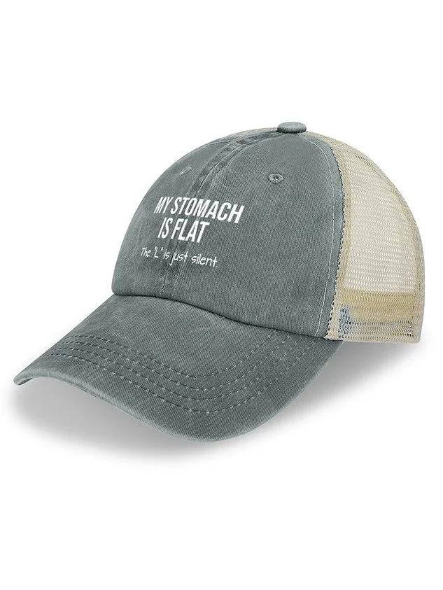 Men's My Stomach Is Flat The L Is Just Silent Funny Graphic Printing Text Letters Washed Mesh Back Baseball Cap QueenFunky