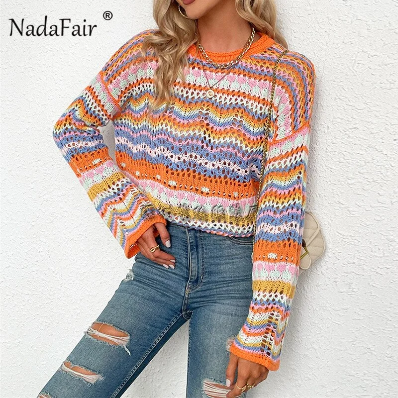 Christmas Gift Nadafair Rainbow Stripe Knit Sweaters Autumn Women's Pullovers Long Sleeve Fashion Tops Hollow Out Sexy Jumper Femme Sweater
