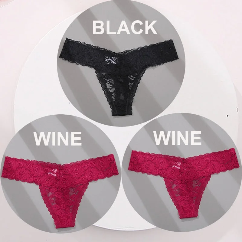 FINETOO 3PCS/Set M-XL G-string Thong Panties for Woman Sexy Lace Floral Underwear Transparent Women's Underpants Female Lingerie