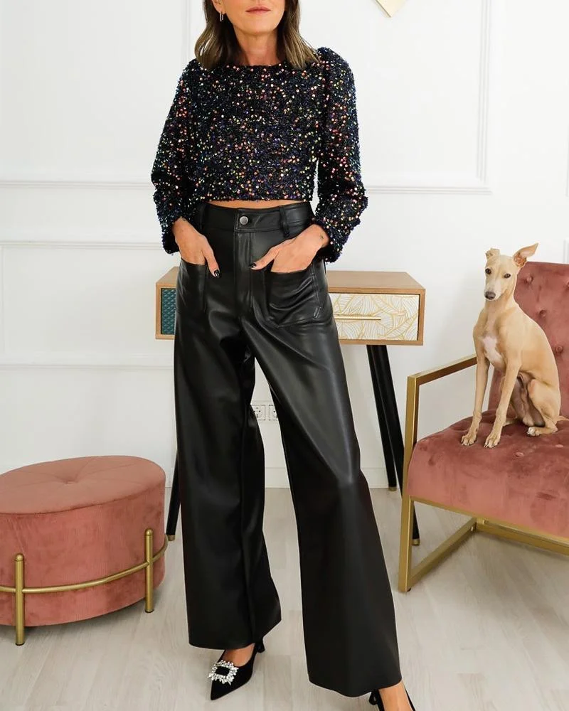 Sequin Long Sleeve Top Leather Pants Set