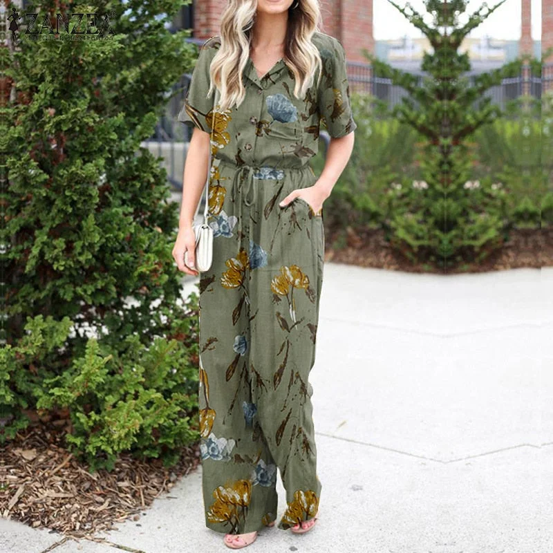 Summer Jumpsuits Women Vintage Floral Print Wide Leg Overalls ZANZEA Casual Lapel Neck Short Sleeve Long Rompers Loose Playsuits
