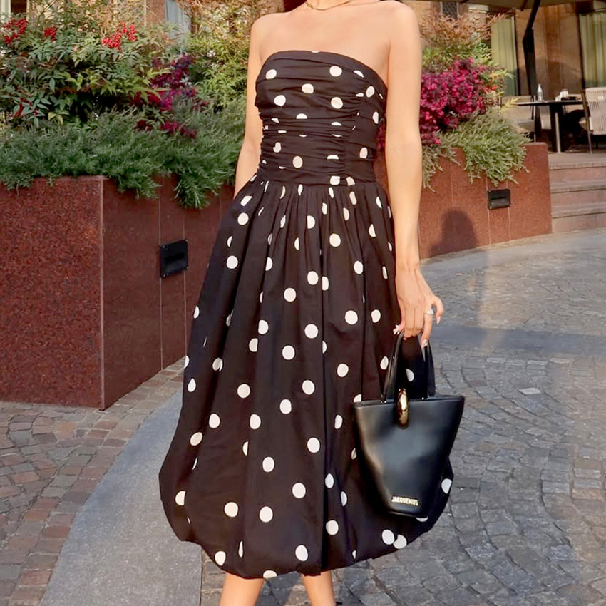 Women's Polka Dot Strapless Midi Dress Ruched Bodice A-Line