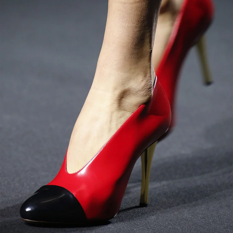 Red and Black Cap Toe Two-tone Vintage Pumps Heels |FSJ Shoes