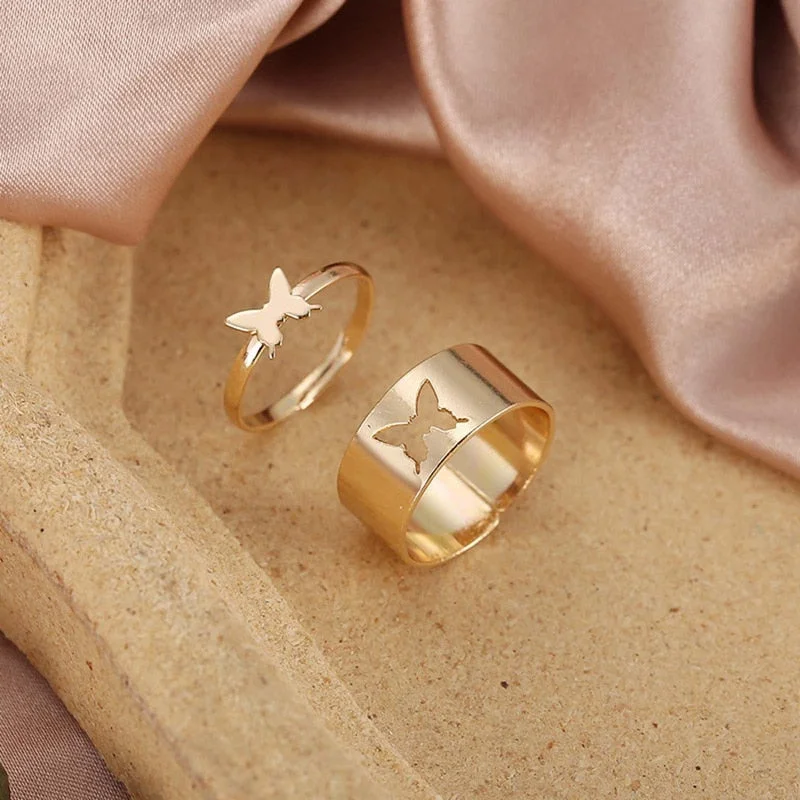 Trendy Silver Color Butterfly Rings For Women Men Lover Couple Rings Set Adjustable Friendship Engagement Wedding Open Ring Gift